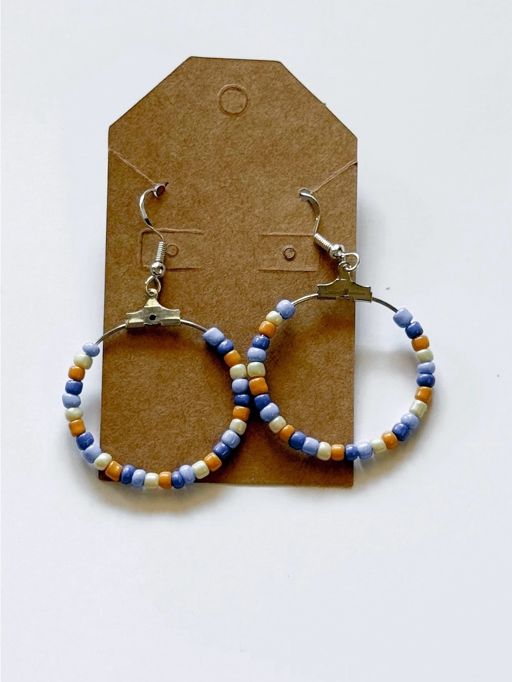 Beaded Hoop Earrings in Blue, Orange & Cream